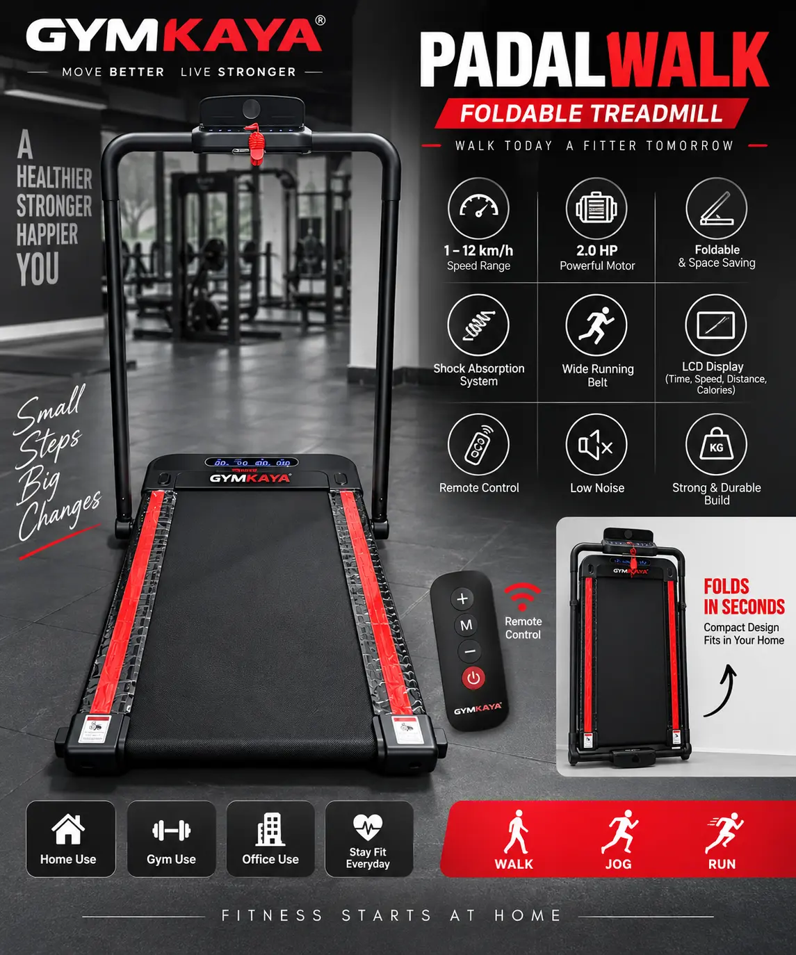 GYMKAYA PADALWALK Foldable Treadmill for Home | 1–12 km/h - Image 4